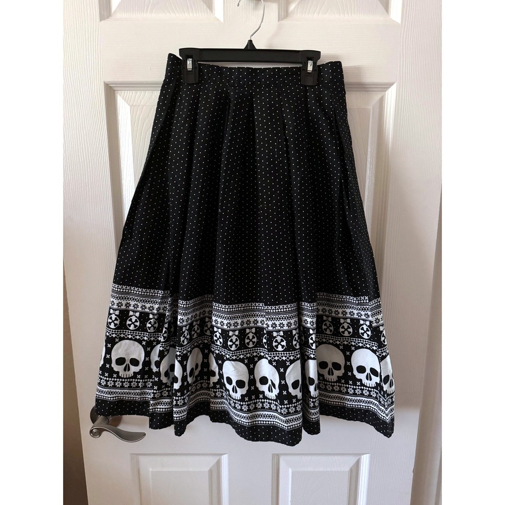 Hell Bunny Clara Skull Skirt Womens X-Small Polka Dot Rockabilly Midi 5398
